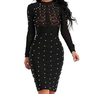 Black long sleeve studded bandage dress